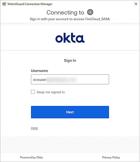 Screenshot of WatchGuard Connection Manager, login authenticate page